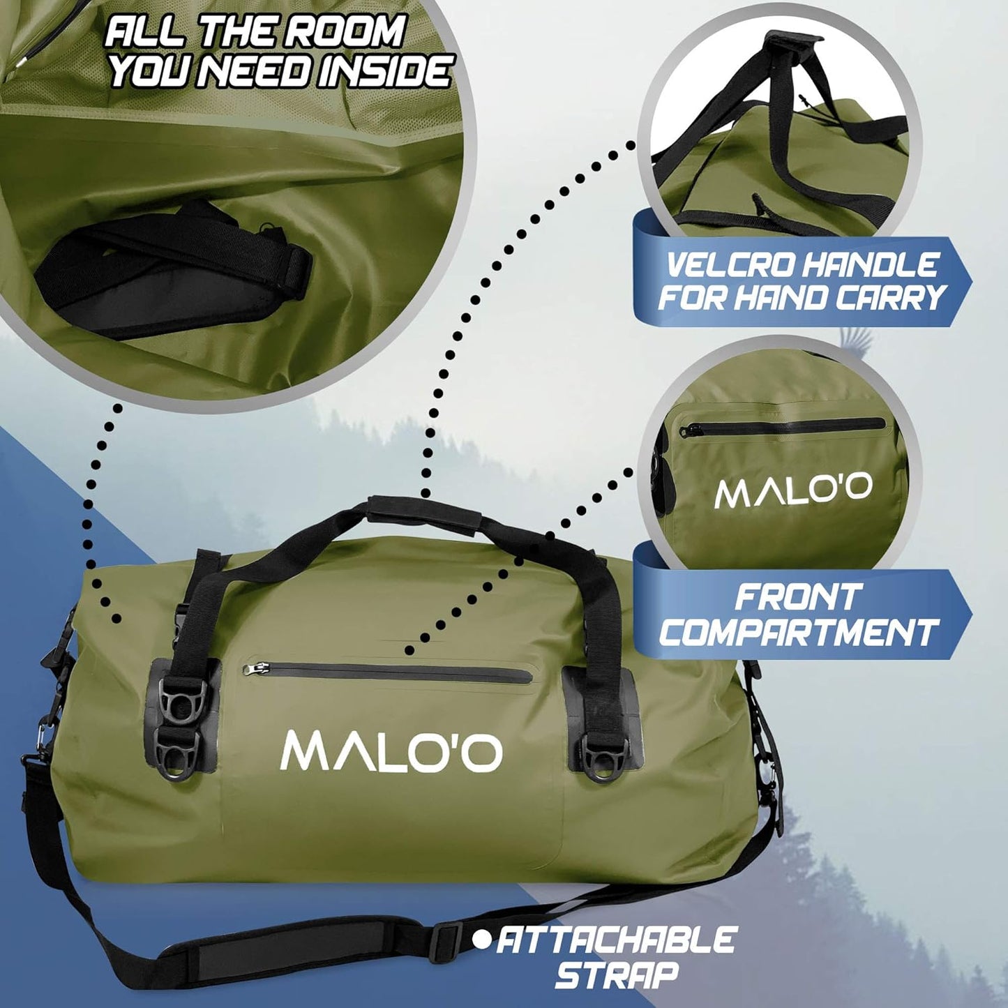 Malo’o Waterproof Dry Duffel, Heavy-Duty Roll Top Waterproof Gear Bag with Shoulder Strap & Molle
