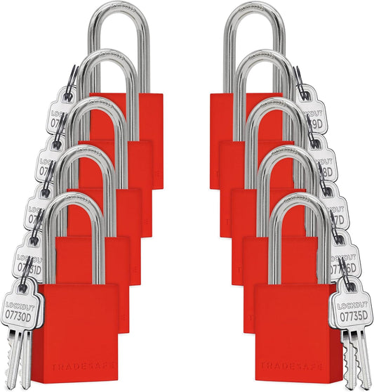 TRADESAFE Lockout Tagout Locks Set - 10 Red Aluminum Loto Locks, Keyed Different Lock Out Tag Out Padlocks, 2 Keys Per Lockout Padlock, OSHA Compliant