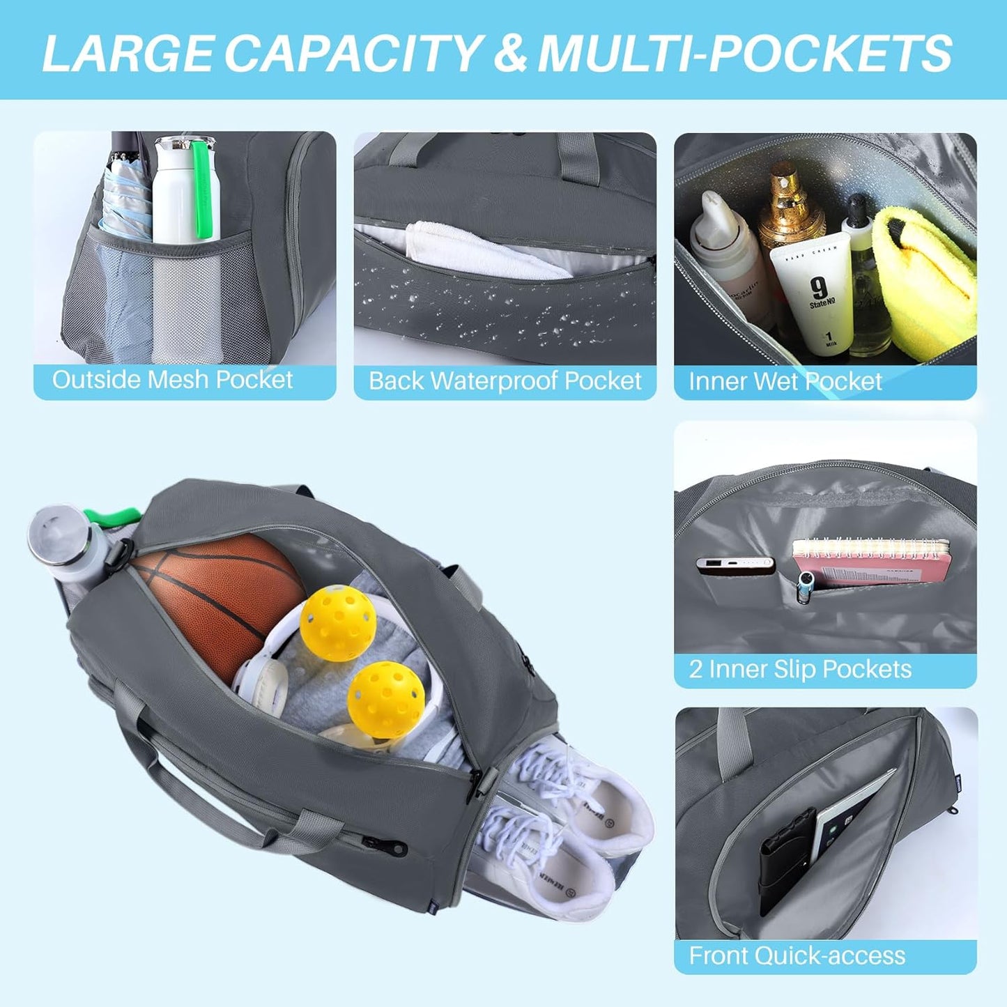 Pickleball Bag with Shoes Compartment & Wet Pocket for Men Women,Water Resistant Sport Gym Bag Small Travel Duffel Weekender Overnight Bags,Dark Grey
