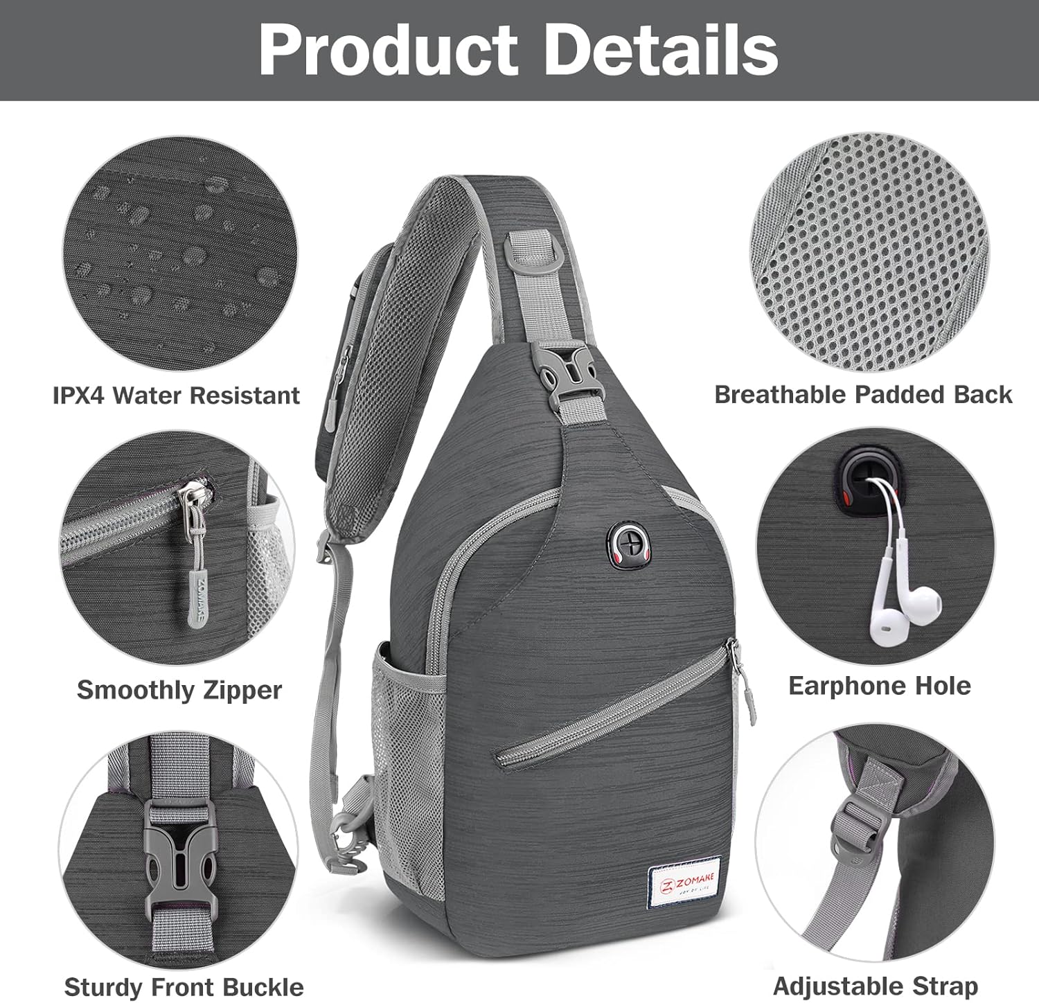 ZOMAKE Sling Bag,Small Crossbody Sling Backpack,Water Resistant Shoulder Daypack for Travel,Anti