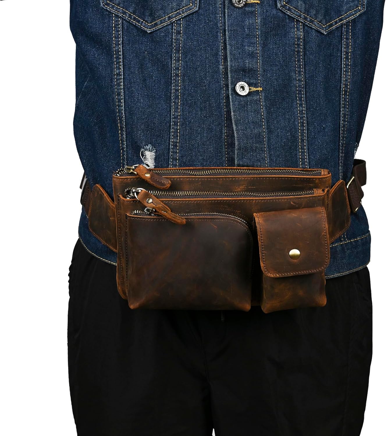 Thick Crazy Horse Leather Hiking Riding Travel Outdoor Belt Bag Fanny Waist Pack Small Phone Pouch For Men Women 380 (386 Brown)