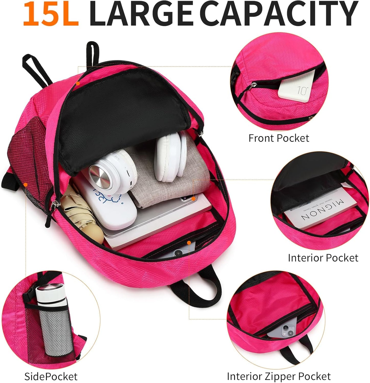 Small Hiking Backpack 15L Travel Lightweight Hiking Packable Daypack Water-Resistant Foldable Backpacks for Women Men Camping (Pink)