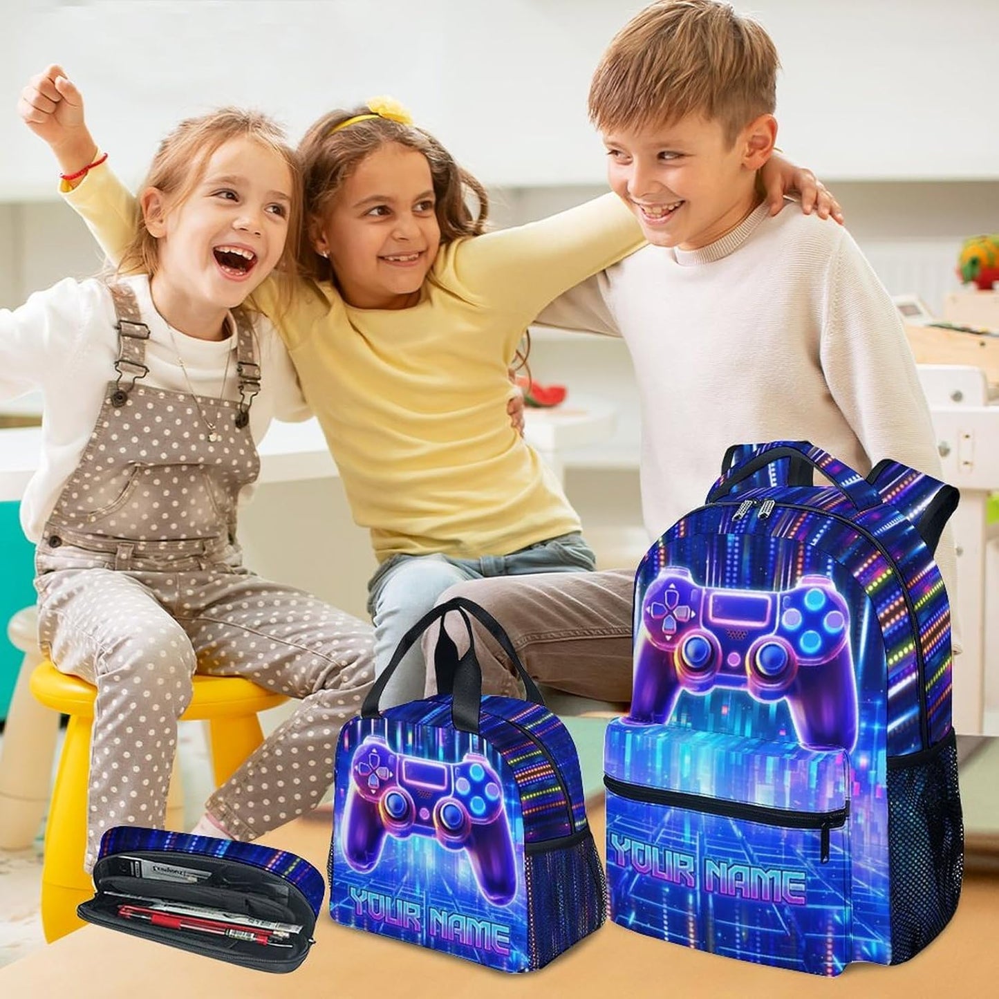 Mercuryelf Kids Backpack with Lunch Box - Custom Gaming Kid Backpack Set for School, Travel - 17 Inch Cool Gamer Bookbag Lunch Bag and Penci for Boys - 3 in 1 School Bag Set for Primary Middle