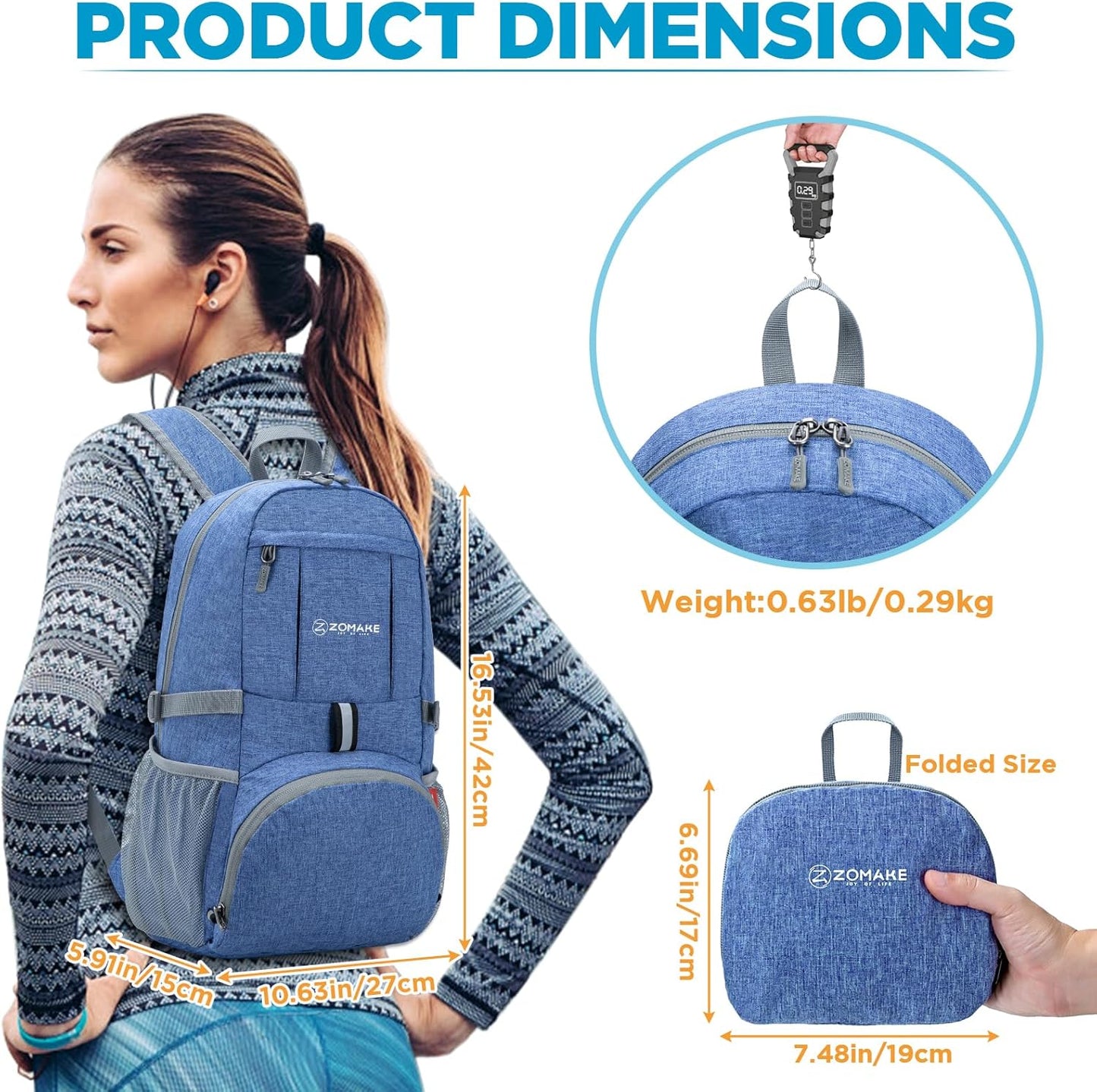 ZOMAKE Ultra Lightweight Packable Backpack 25L,Small Foldable Backpacks Hiking Water Resistant Collapsible Daypack for Women Men(Dark Blue-C2)