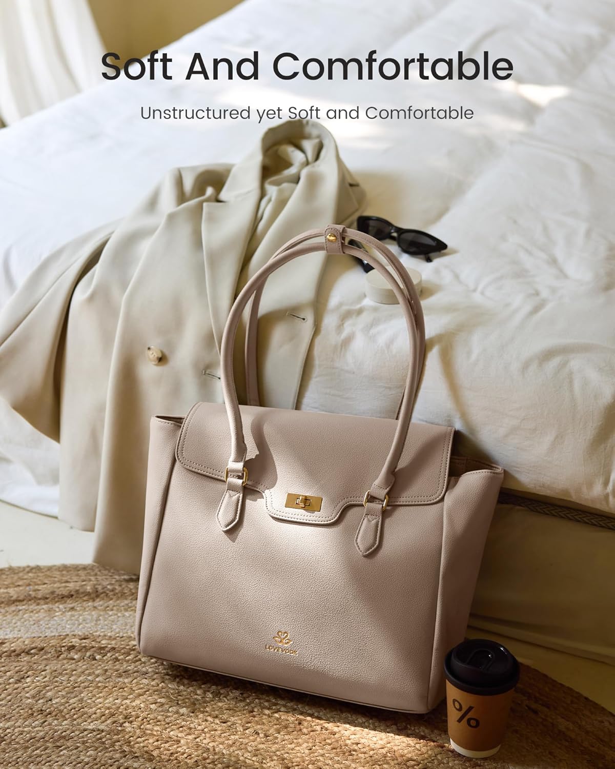 LOVEVOOK Laptop Bag for Women Soft Leather Work Bag, Office Shoulder Tote Purse with Flap Briefcase for Teacher Nurse