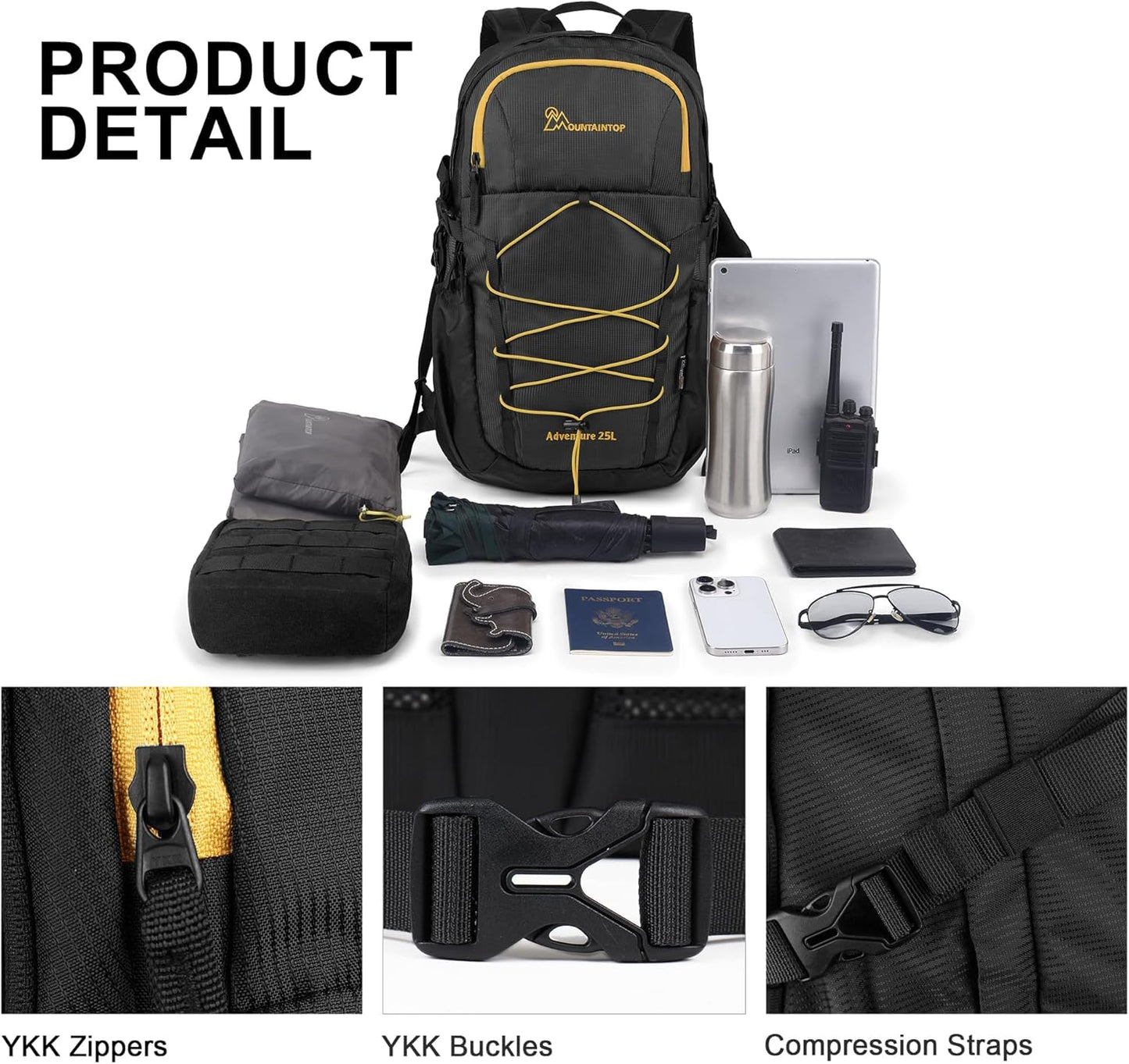MOUNTAINTOP Hiking Backpack,25 Camping Backpack, Men Women Hiking Daypack Lightweight Travel Backpack for Climbing(Black)