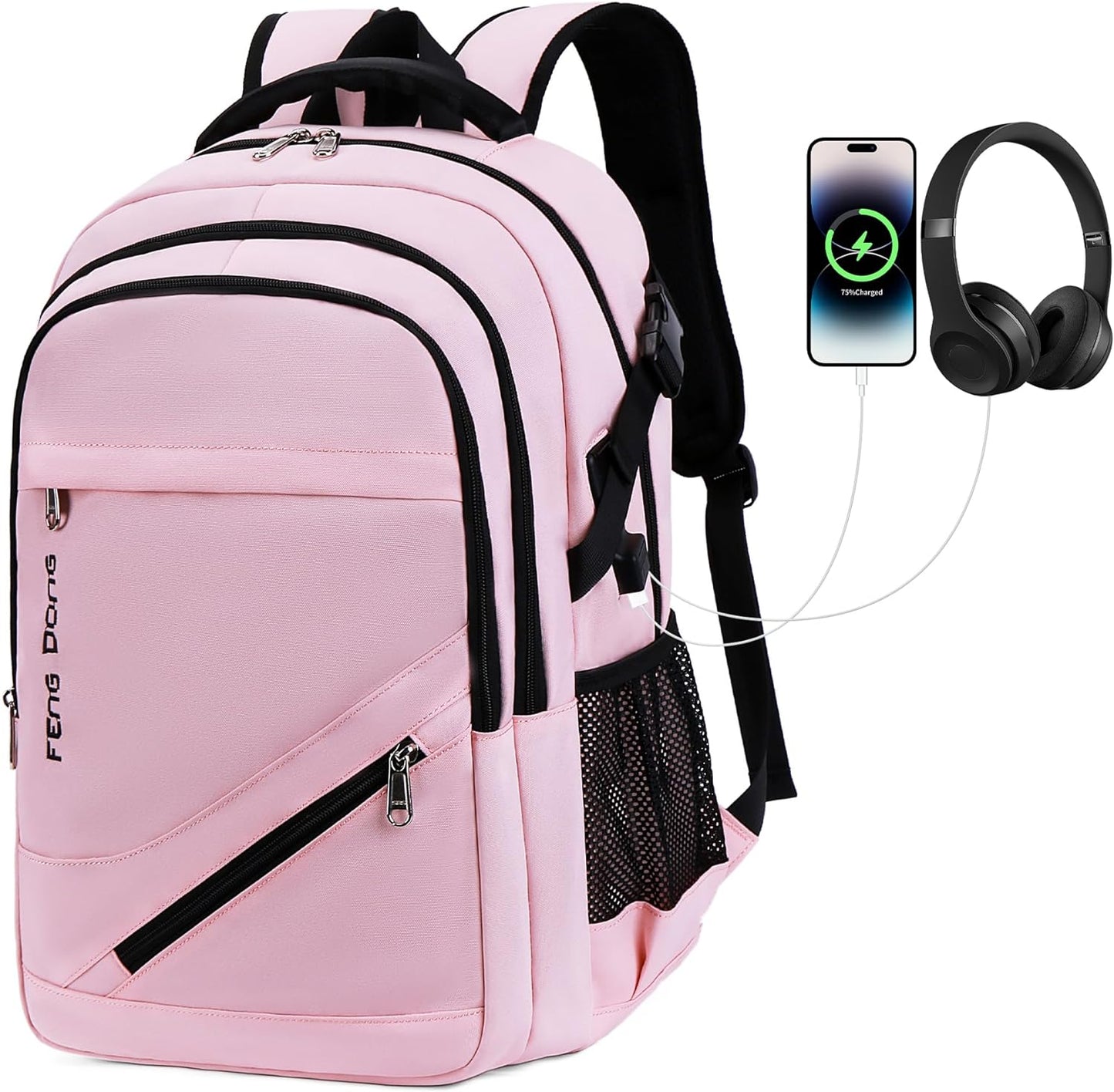 FENGDONG Large Laptop Backpack 17.3 inch Waterproof Travel College Backpack Bookbag,Crossbody Sling Bags for Men & Women Business Backpack Light Pink