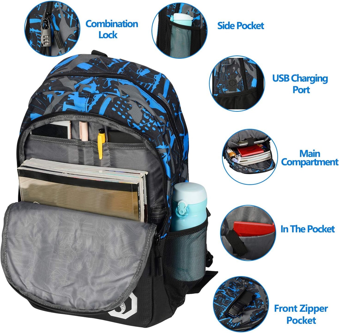 Laptop Backpack for Boys School Bags for Kids with USB Charging Port, Water Resistant School Backpack Travel Daypack 15.6" Laptop Bag with Lunch Bag and Pencil Case