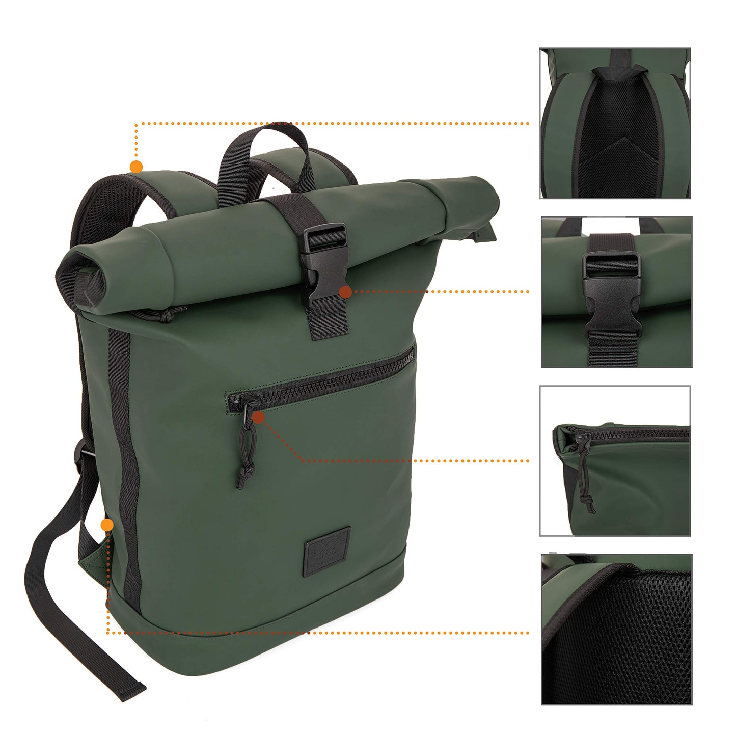 X RAY Roll Top Laptop Backpack for Men Women, PU Leather Expandable Roll Up Backpack Capacity