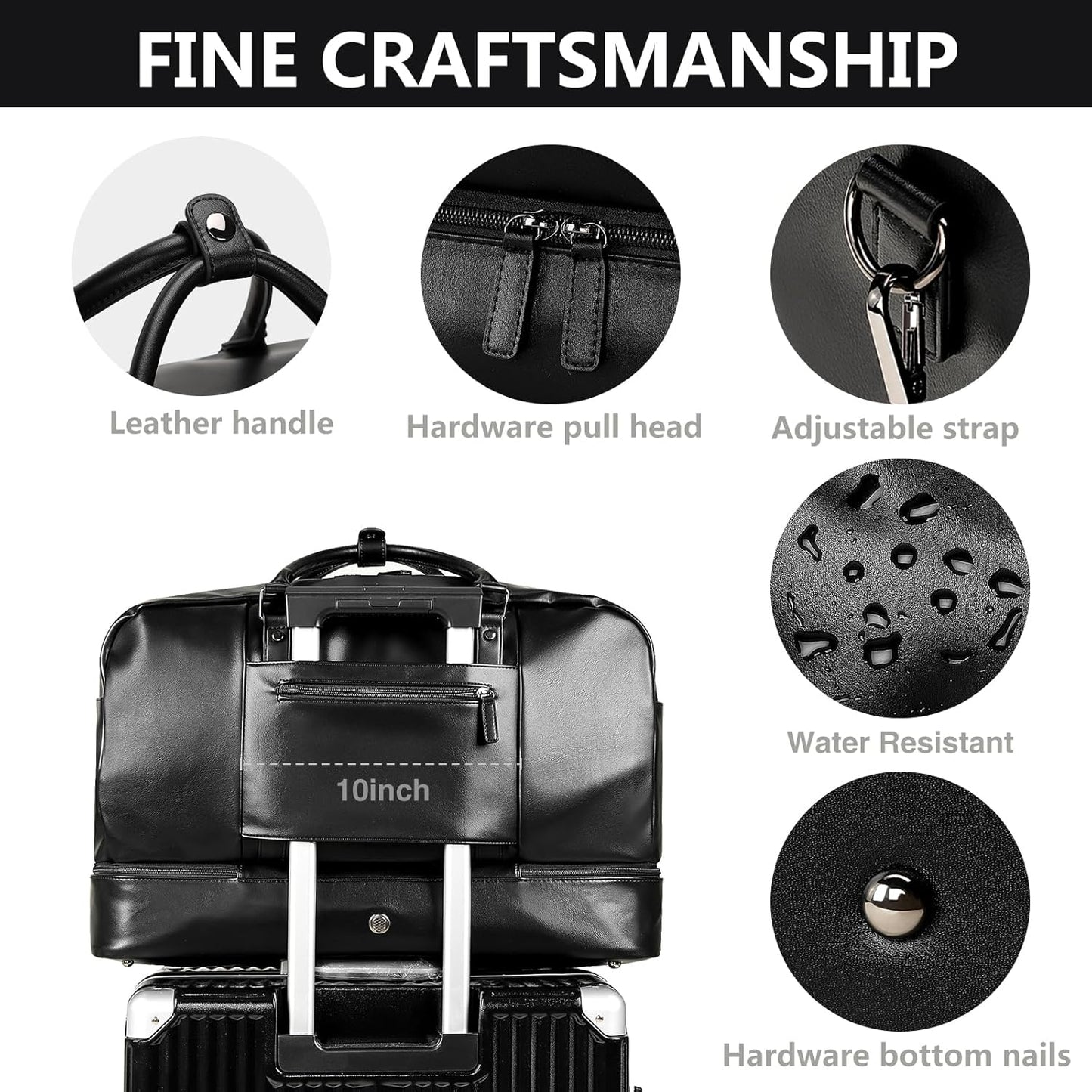 4PCS Leather Duffle Bags, Weekender Bag for Women Men, Large Travel Duffel-Overnight Bag with Toiletry, Makeup, Shoulder Bag, Faux Leather Carry On with Shoe Compartment (Black)