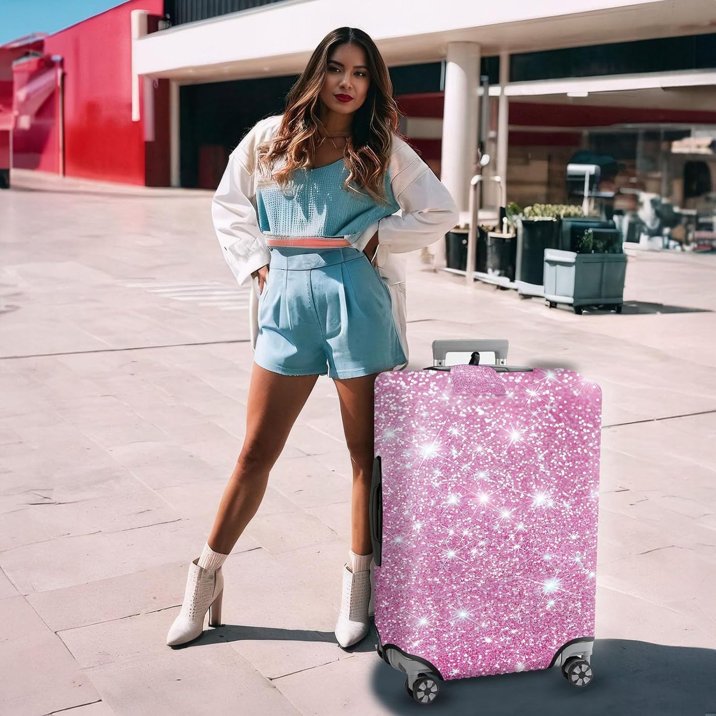 Travel Luggage Cover,Pink Glitter Theme Suitcase Cover Accessory Kit, Luggage Tag, and Comfortable