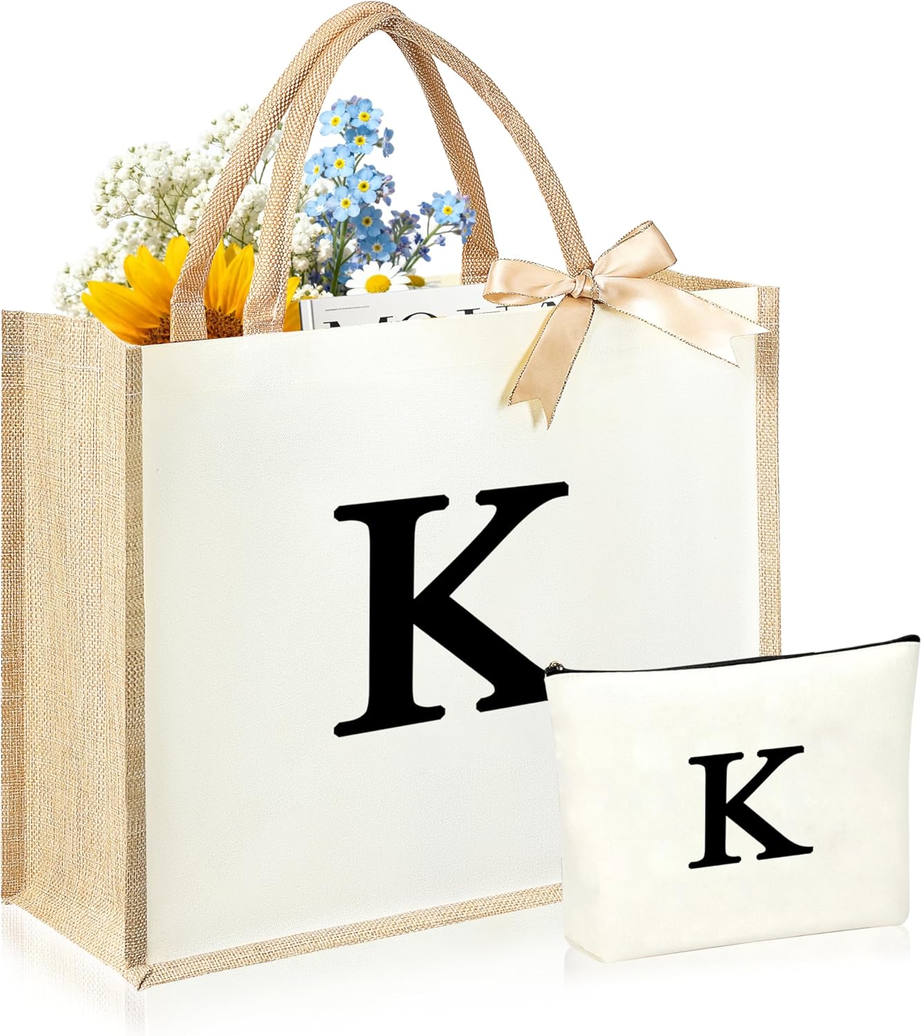 Initial Canvas Tote Bag & Makeup Bag for Women Teacher Bridesmaids，Personalized Present for Wedding, Birthday, Beach