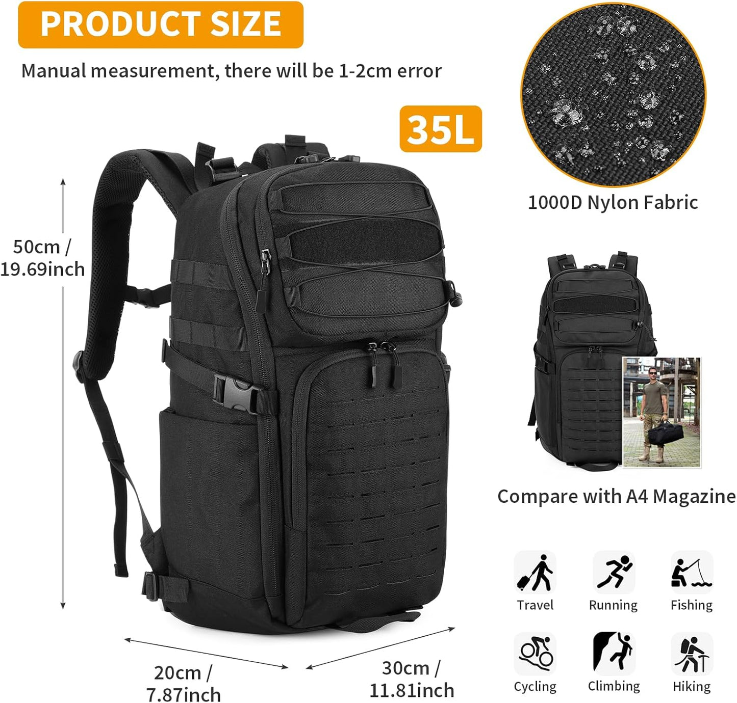 HUNTVP Tactical Backpack for Men 35L Military Backpack MOLLE 1000D Army Daypack 3 Day Bug Out Bag for Work Camping Hiking Outdoor, Black