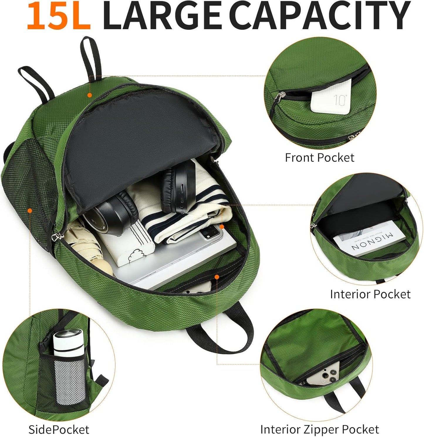 Small Hiking Backpack 15L Travel Lightweight Hiking Packable Daypack Water-Resistant Foldable