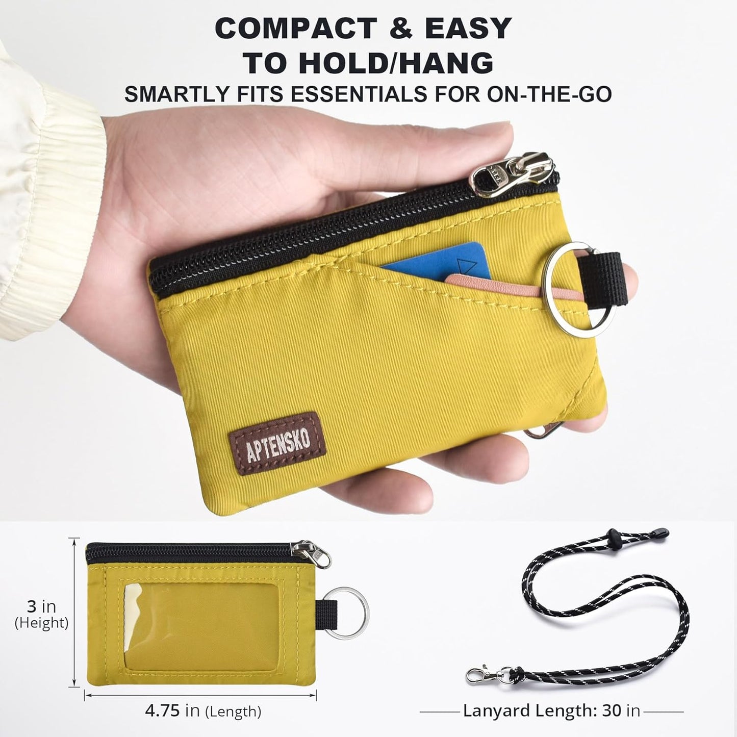 RFID Travel Wallet with Adjustable Lanyard-Zipper Small Wallet with ID Card Holder, Keychain for women&men-Minimalist Slim Waterproof Nylon case for ID, Cash, Key (Dark Yellow)