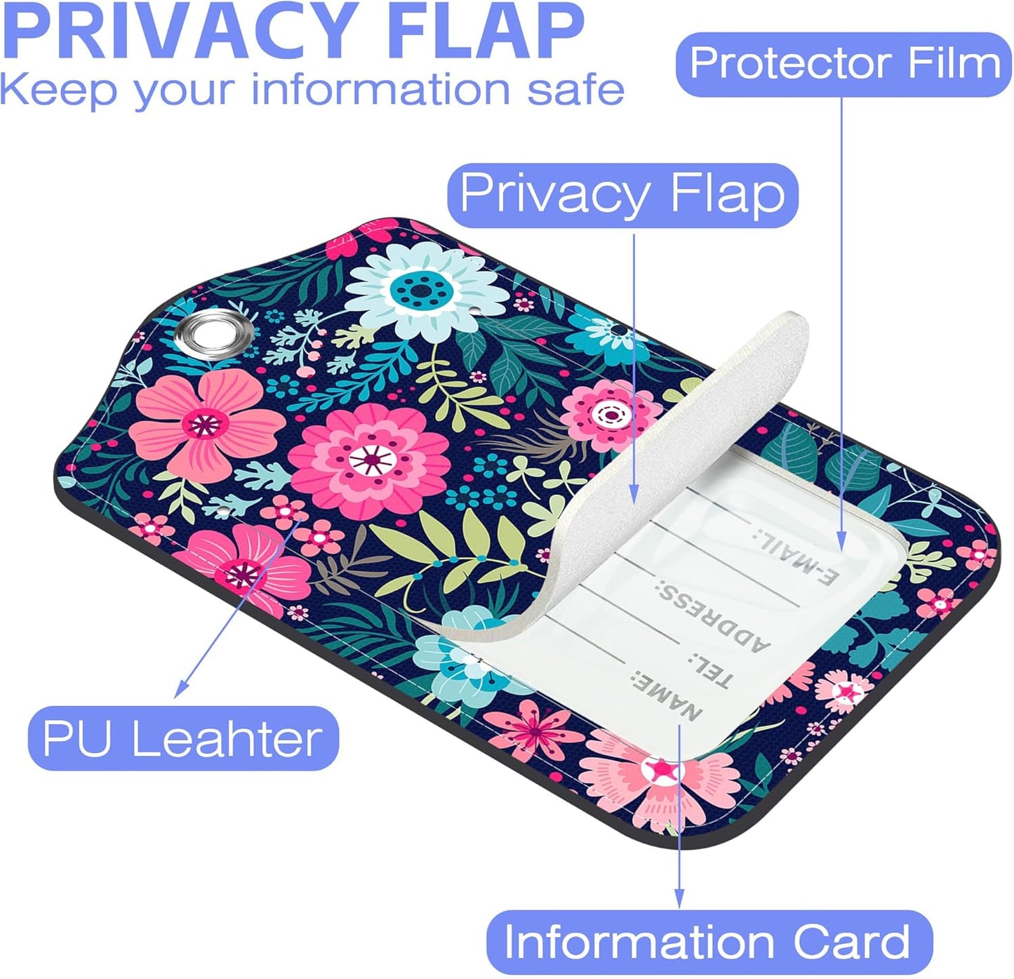 2 Pack Luggage Tags for suitcases Colorful Flowers Leather Luggage Tag, Identifiers with Privacy Name ID Label and Metal Loop for Men Women Travel Bag Suitcase