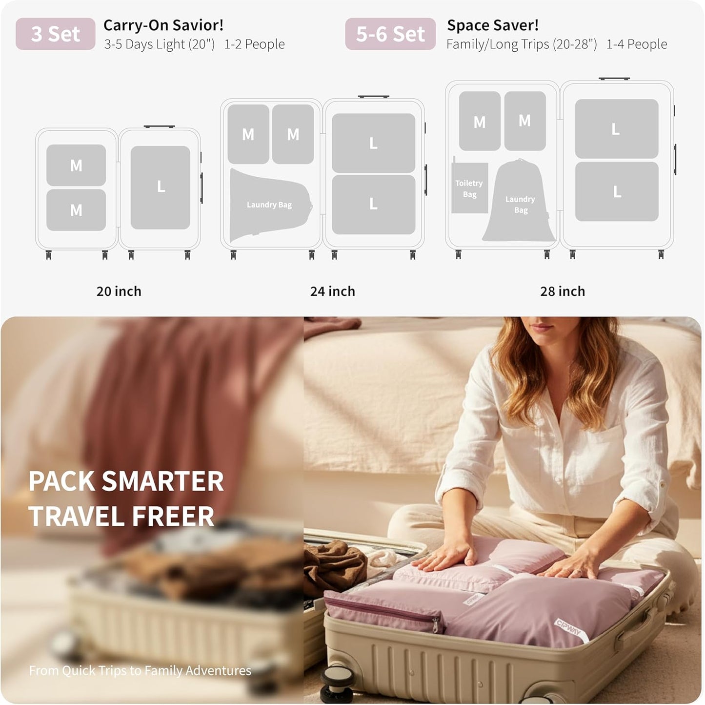 Cipway Compression Packing Cubes for Travel Ultralight Expandable Packing Organizers for Carry on Luggage (Mauve Pink 3 Set)