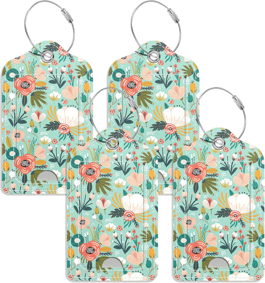 Luggage Tags for Suitcase, 4 Pack PU Leather Travel Cruise Luggage Tag with Privacy Flap, Name ID Label and Metal Loop for Women Men Girls Suitcase Baggage Bag Backpack, Green Flowers