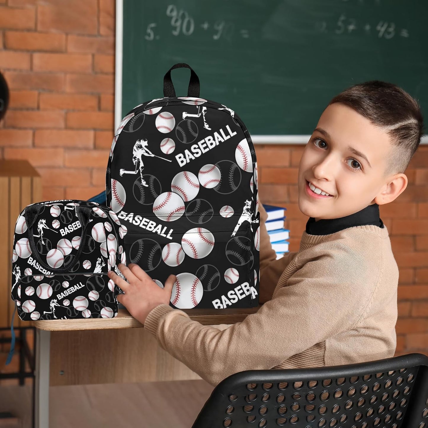 3PCS Baseball Backpack Set for Boys, Large Lightweight 17 Inch Backpack with Lunch Bag & Pencil Case for Kids, Back to School Cool Sports Bookbag for Elementary Middle School - Black