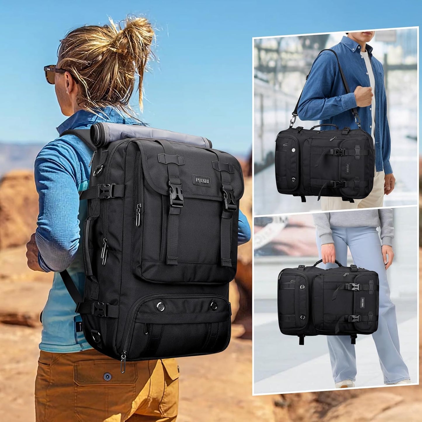 PIJUSHI Travel Backpack for Women Men Carry on Luggage Backpack Flight Approved Convertible Duffle Bag Fit 16 Inch Laptop(PE037 Black)