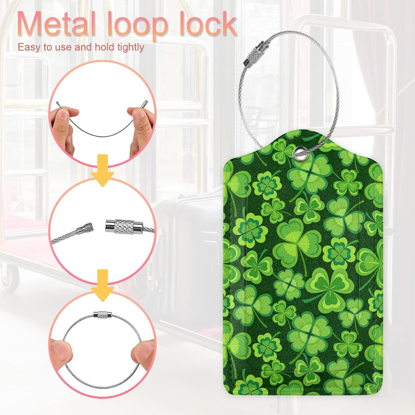 Luggage Tag,St. Patrick's Day Luggage Tags for Suitcases with Privacy Name Id Card PU Leather Luggage Tags for Women/Men Travel Lucky Green Clover Leaf