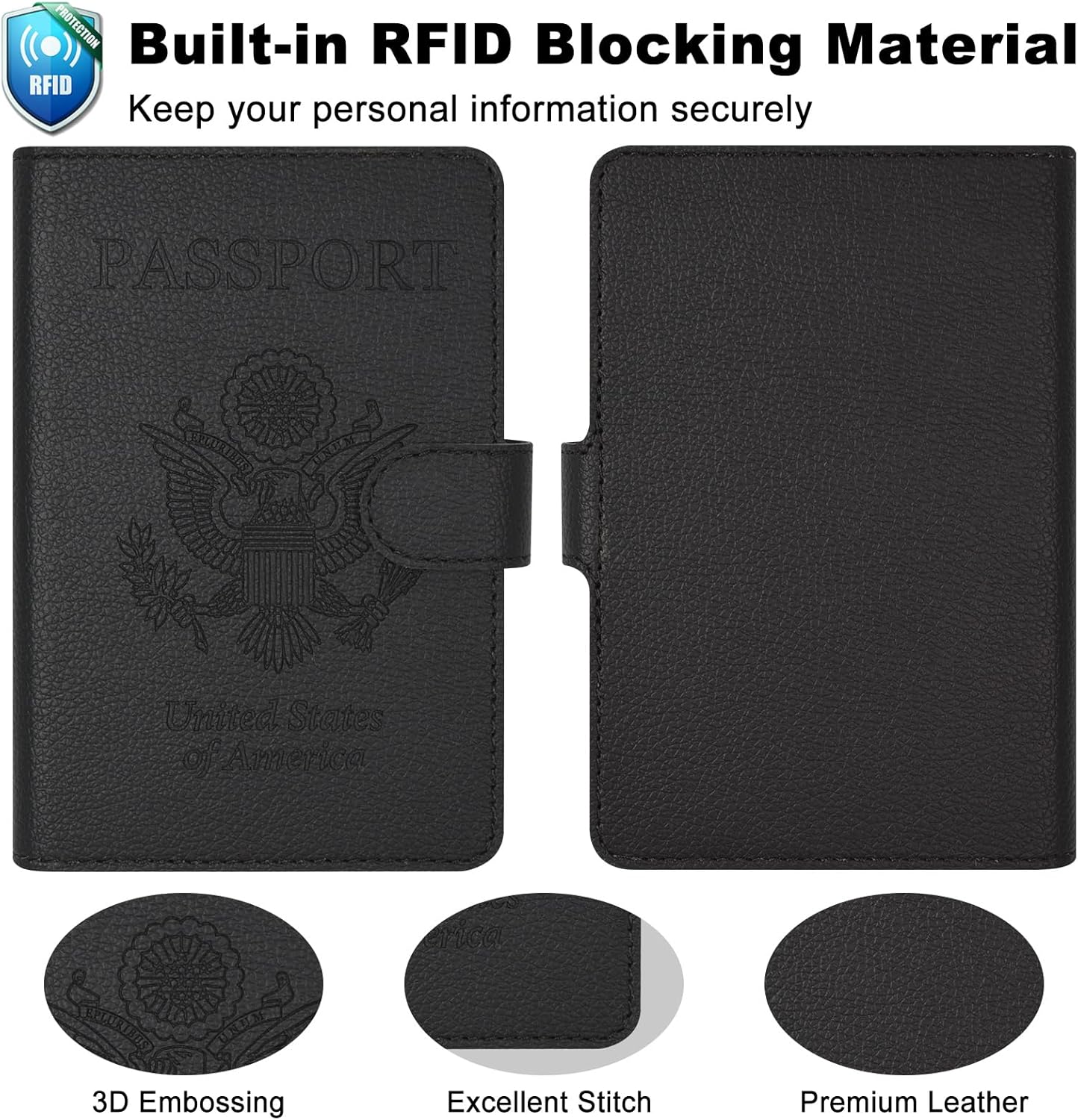 RSAquar Passport Holder for Women and Men, Premium PU Leather Travel Passport Wallet RFID Blocking Passport Cover Travel Documents Organizer (JD-Black)