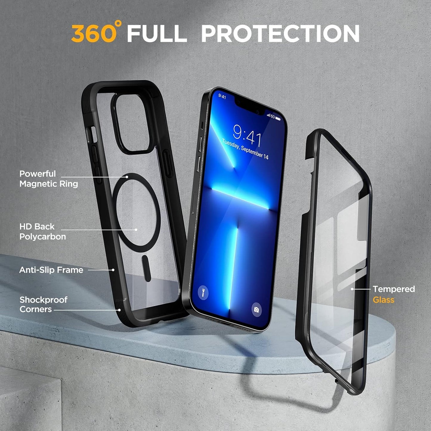 Miracase Magnetic for iPhone 13 Pro Max Case 6.7 inch, (Compatible with MagSafe) Upgrade Full-Body Clear Phone Bumper Case with Built-in 9H Tempered Glass Screen Protector, Magnetic Classic Black