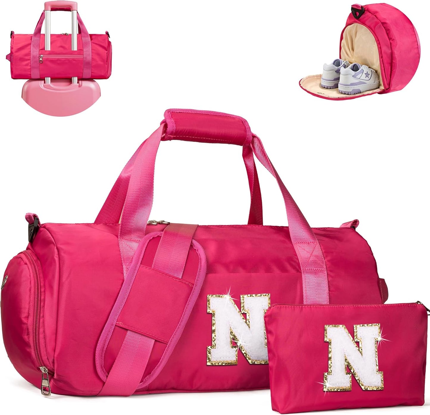 Tween Girl Gifts, Girls Travel Duffel Bag, Kids Initial Overnight Bags with Shoe Compartment, Customized Sport Gym Weekender Bag with Makeup Pouch, 6 Year Old Kid Birthday Gift (Letter N)