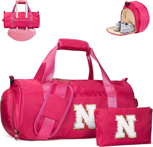 Tween Girl Gifts, Girls Travel Duffel Bag, Kids Initial Overnight Bags with Shoe Compartment, Customized Sport Gym Weekender Bag with Makeup Pouch, 6 Year Old Kid Birthday Gift (Letter N)
