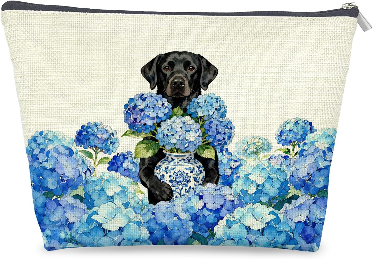 Blue Chinoiserie Hydrangea Labrador Retriever Makeup Bag Gifts for Women, Black Labrador Themed Gifts Cosmetic Bag, Grandmillennial Floral Dog Zipper Makeup Pouch Travel Toiletry Bag