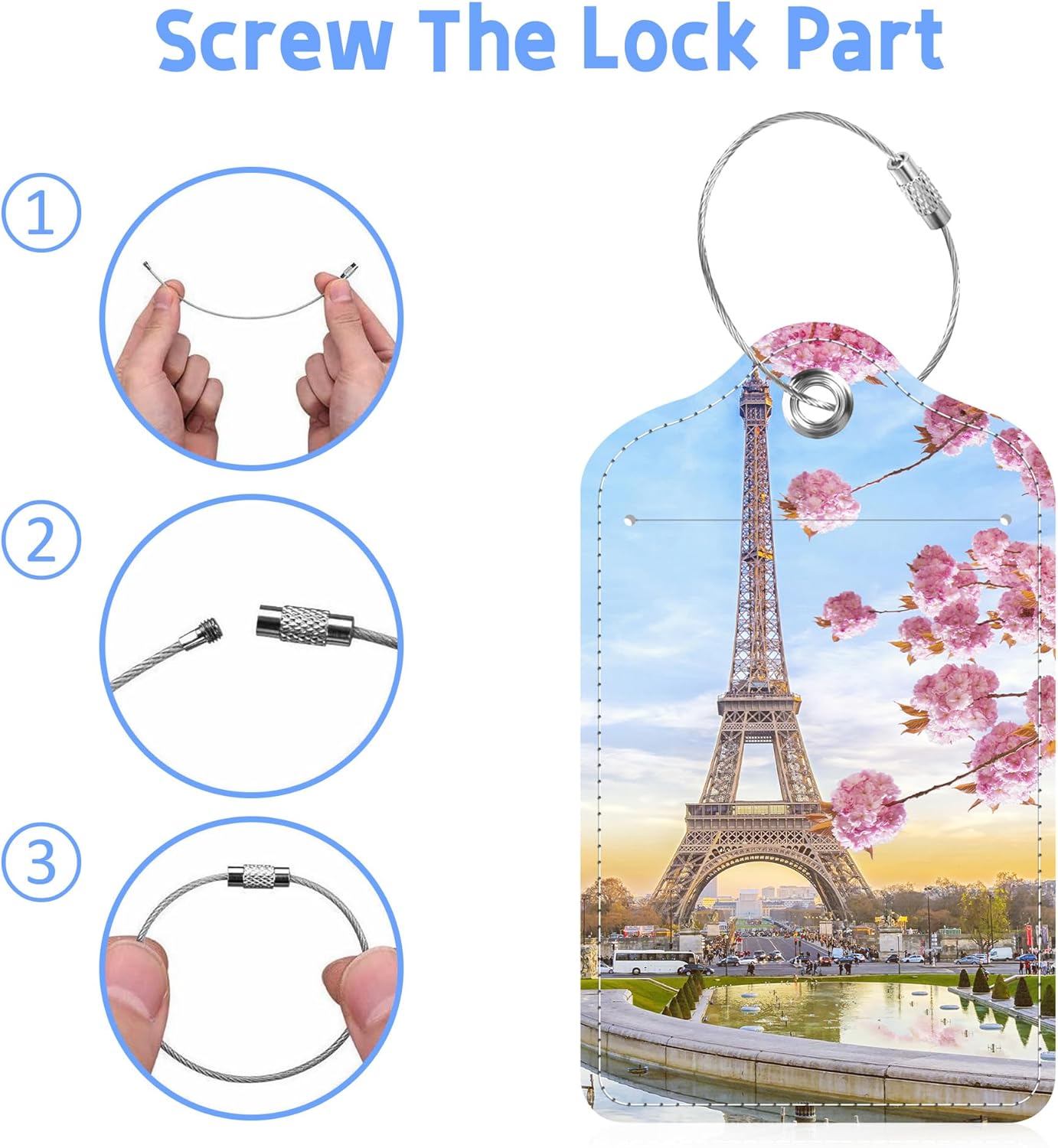 Set of 2 Luggage Tags Romantic Eiffel Tower Leather Suitcases Tag with Privacy Cover Stainless Steel Loop and Address Card for Women Men Travel