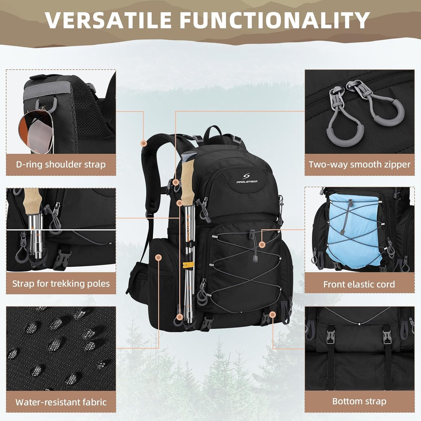 Maelstrom Hiking Backpack, 40L Waterproof Camping Daypack for Men and Women, Lightweight Travel Pack with Rain Cover-Black