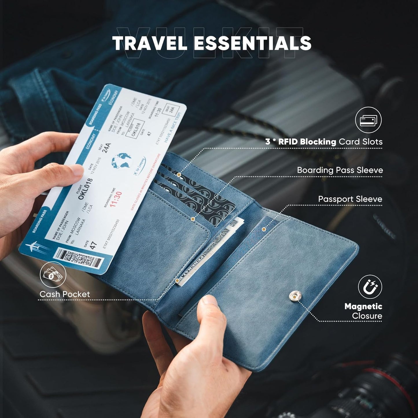 VULKIT Passport Holder Magnetic Closure RFID Blocking Travel Wallet Passport Book Cover Boarding Pass Holder Travel Essentials