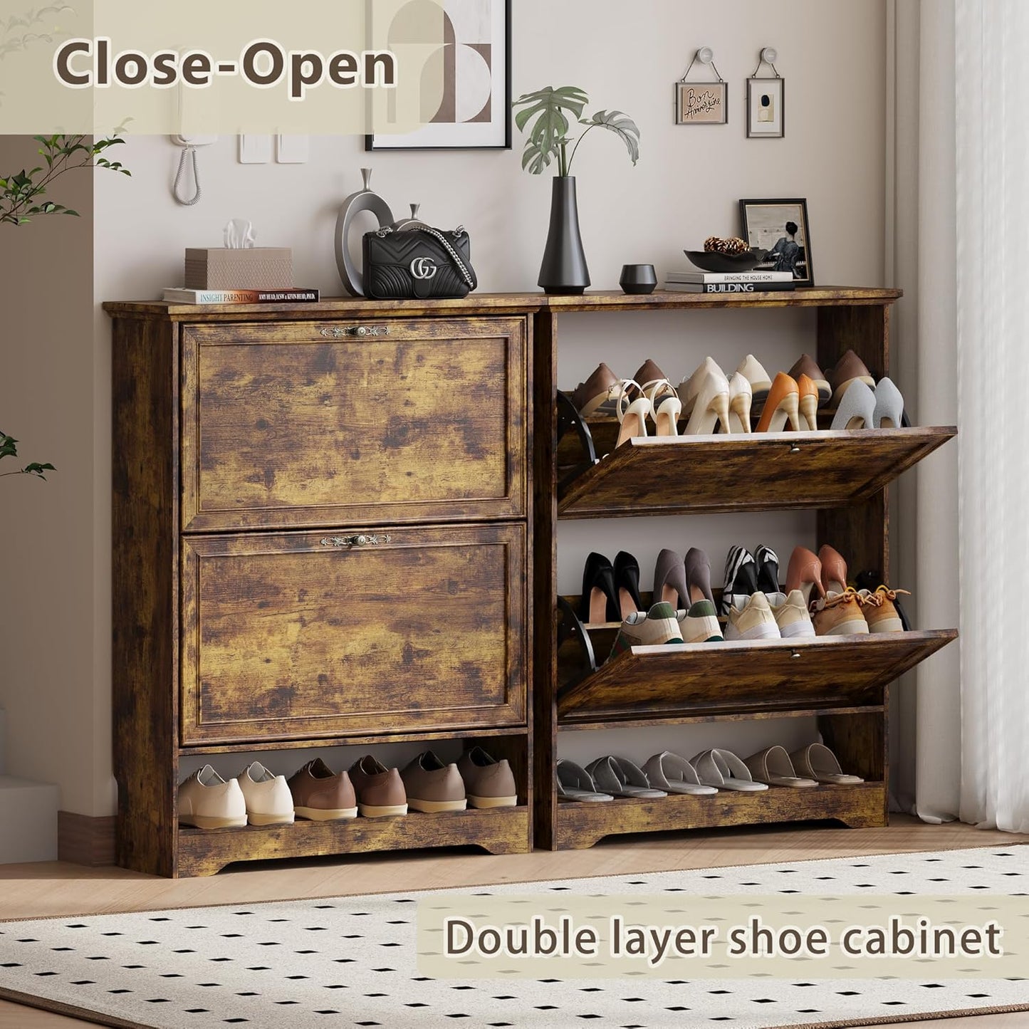 Shoe Cabinet for Entryway, Slim Shoe Storage Cabinet with Adjustable Shelves, Wooden Rack and Organizer for Small Spaces, Closet, Foyer, Hallway