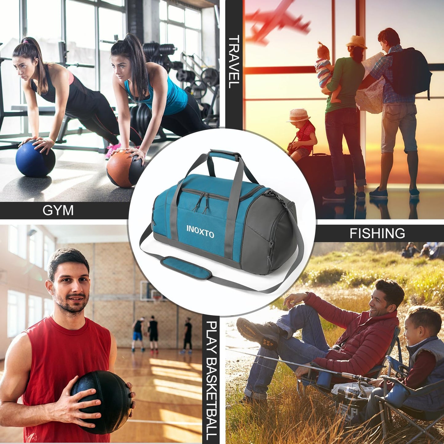 Sports Gym Bag，INOXTO Travel Duffel Bag with Dry Wet Pocket And Shoe CompartmentFor Women and Men，40L/55L Fitness Waterproof Weekender Bag For Swim Sports Travel Working Out (Blue White, 55L)