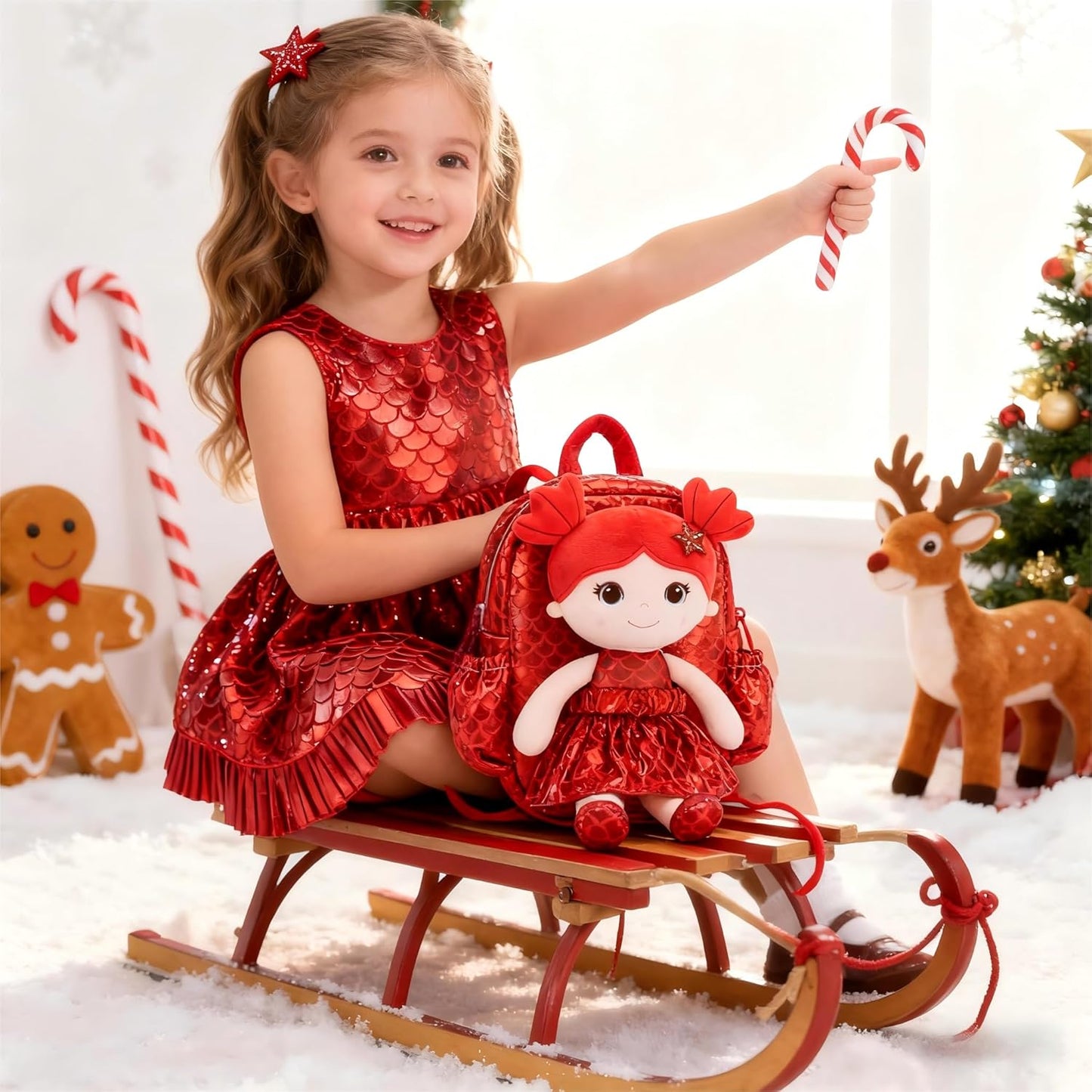 Lazada Toddler Backpack - Baby Girl Gifts Plush Doll Dress Backpack - Fashion Girls Tina Fish Scale Series - Red 11 Inches