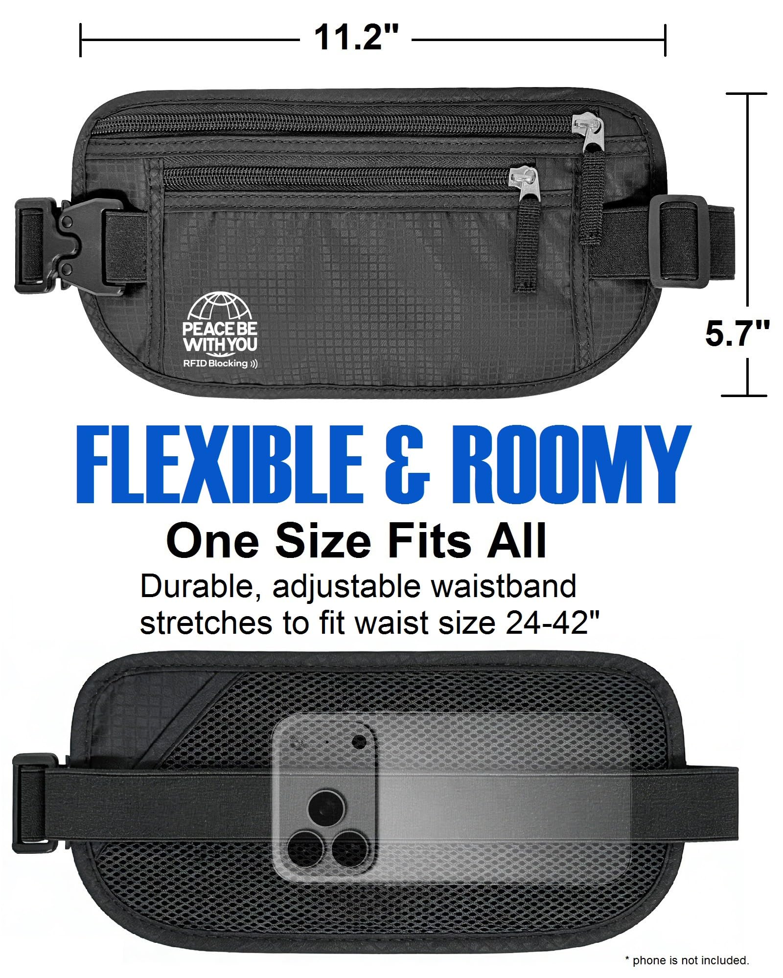 Money Belt for Travel, Passport Holder, RFID Blocking, Sweat-Proof, Black