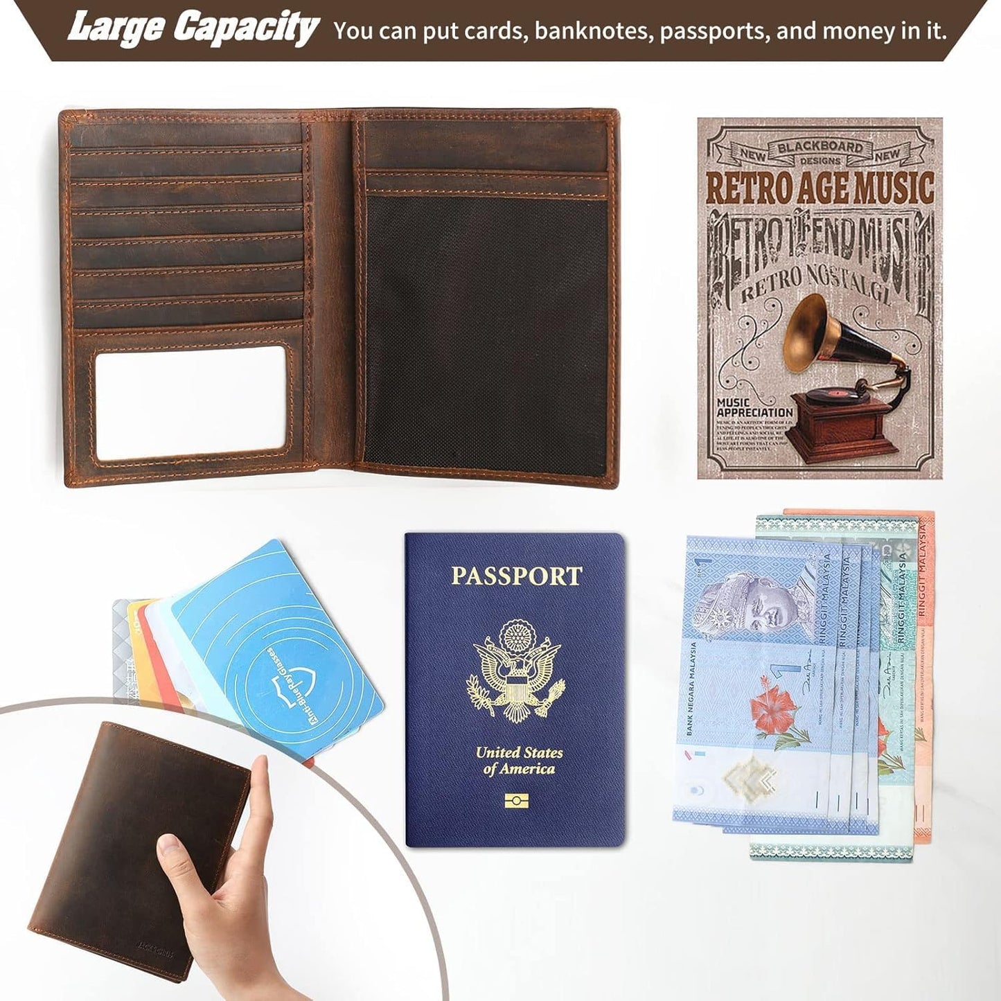 Genuine Leather Passport Holder, RFID Blocking Travel Wallet for Men & Women (Red Brown)