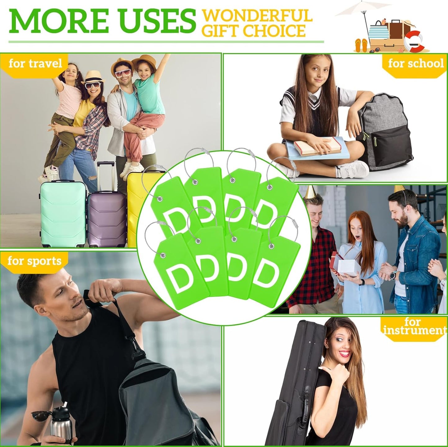 8 Pcs Initial Letter A-Z Luggage Tags Silicone Suitcase Instrument Tag with Name Card and Stainless Steel Loop(Letter D,Green)