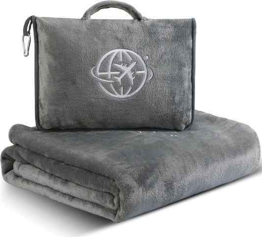 2-in-1 Travel Blanket and Pillow – Lightweight, Compact, Ultra Soft, Machine Washable – Handle, Luggage Sleeve, Backpack Clip – for Travel Airplane, Car, Office (Gray)