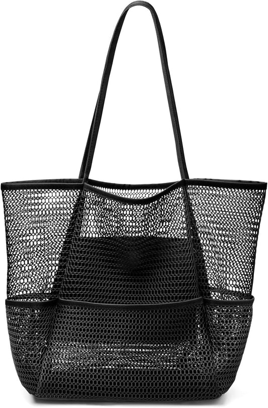 KPX Beach Bag with Mini Pocket, Beach Tote Bags for Women Large Foldable Mesh Swimming Pool Travel Bags - Sandproof