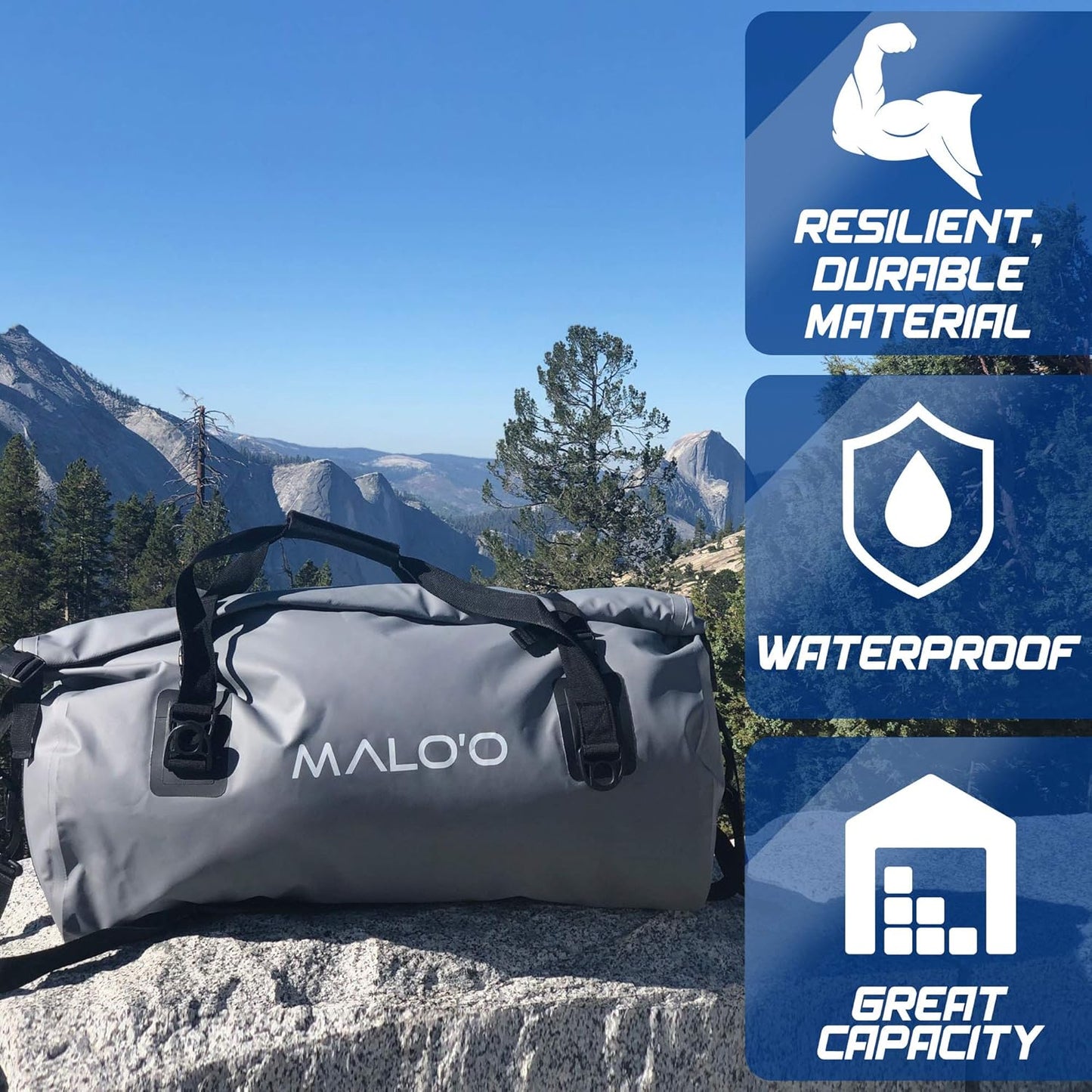 Malo’o Waterproof Dry Duffel, Heavy-Duty Roll Top Waterproof Gear Bag with Shoulder Strap & Molle Loops, Marine Duffel for Kayaking, Boating, Camping, Beach & Travel, Grey, 60L