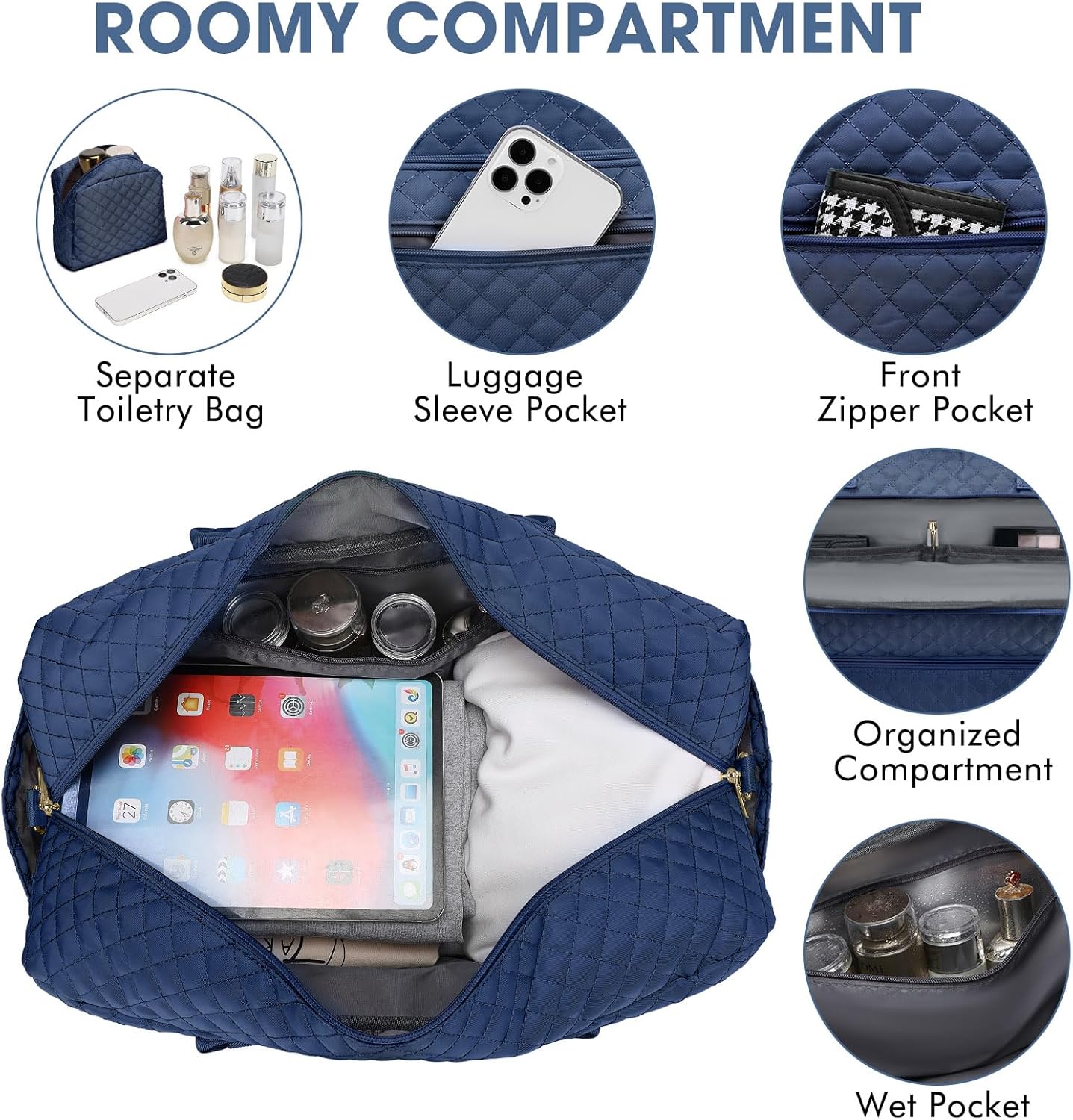 Large Women Travel Duffle Bag - Carry on Overnight Bag Weekend Travel Duffel Tote Bag Yoga Gym Bag with Wet Pocket Toiletry Weekender Overnight Bag for Travel Business Trips Sport Hospital Navy