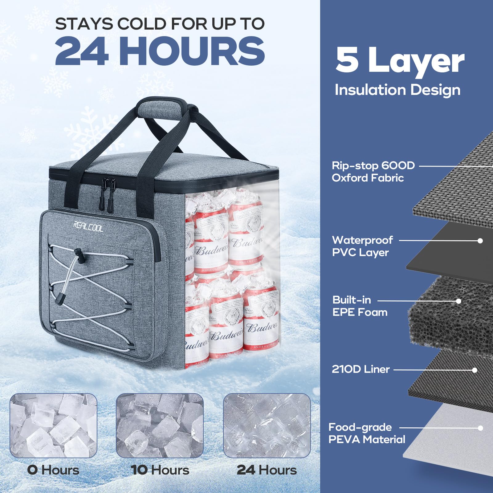 RealCool 35 Can Collapsible Soft Cooler, Leakproof Insulated Ice Chest Bag