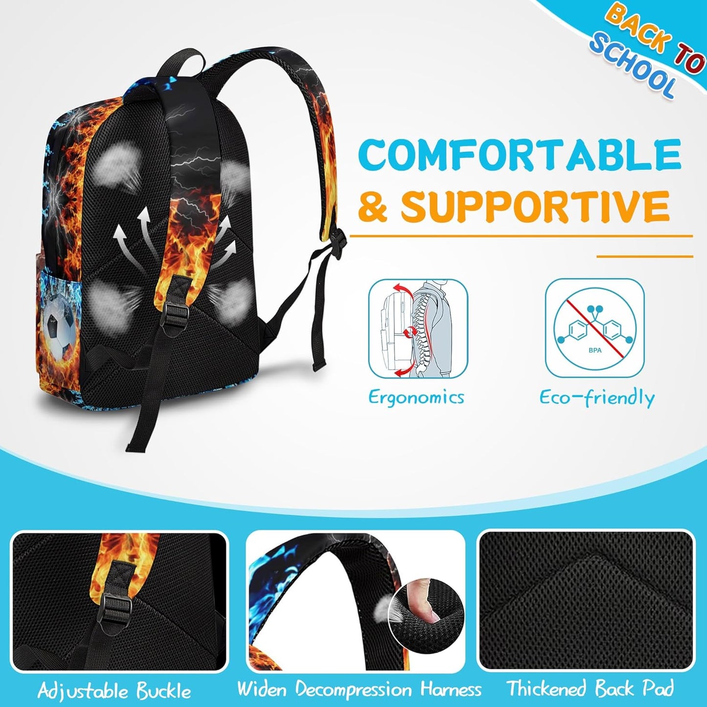 3PCS Soccer Backpack Set for Boys, Large Lightweight 17 Inch Backpack with Lunch Bag & Pencil Case for Kids, Back to School Cool Sports Bookbag for Elementary Middle School - Fire