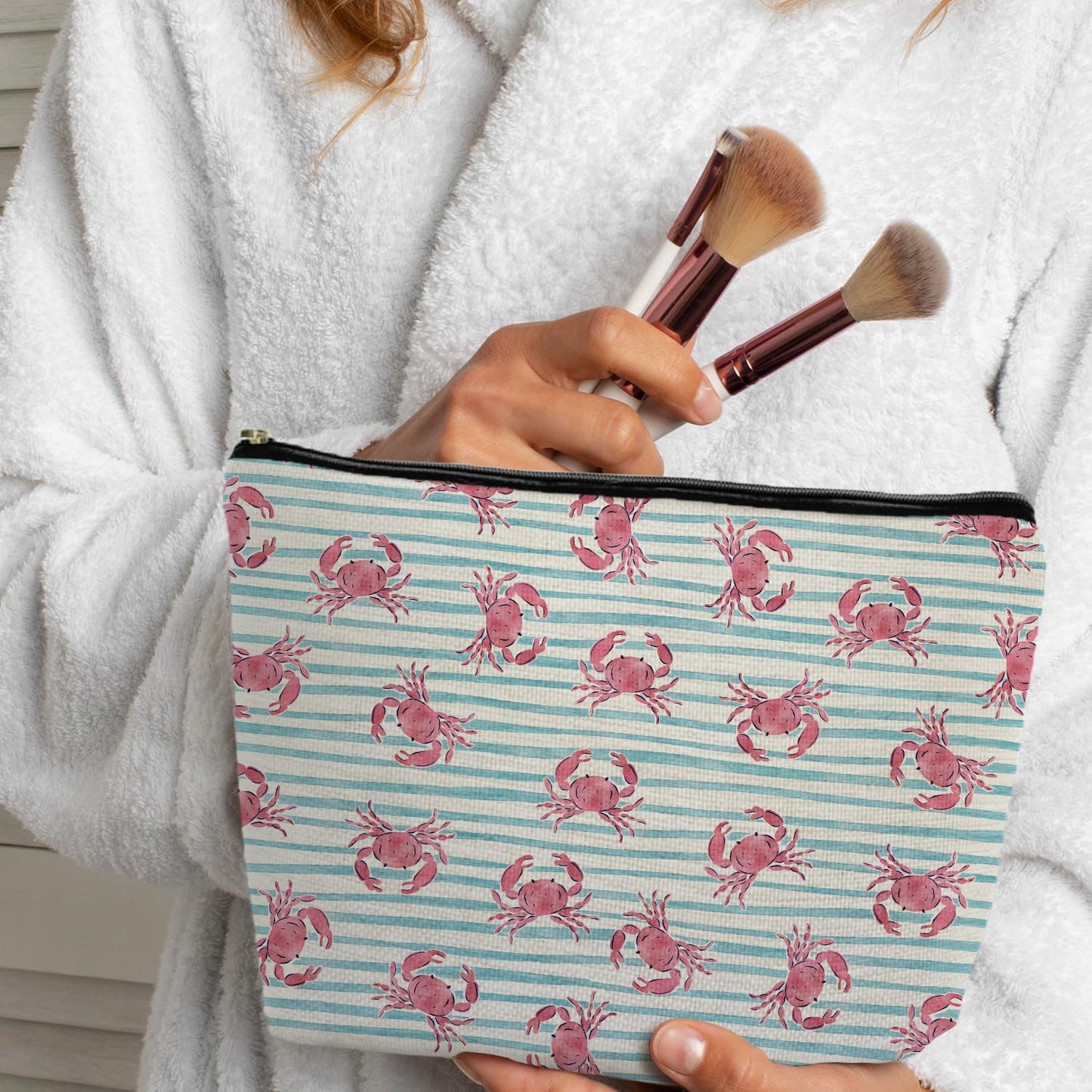 Beach Blue Striped Crab Gifts Makeup Bag, Crab Lovers Gift for Women, Coastal Beach Cosmetic Makeup Bag, Ocean Crabs Pouch Purse