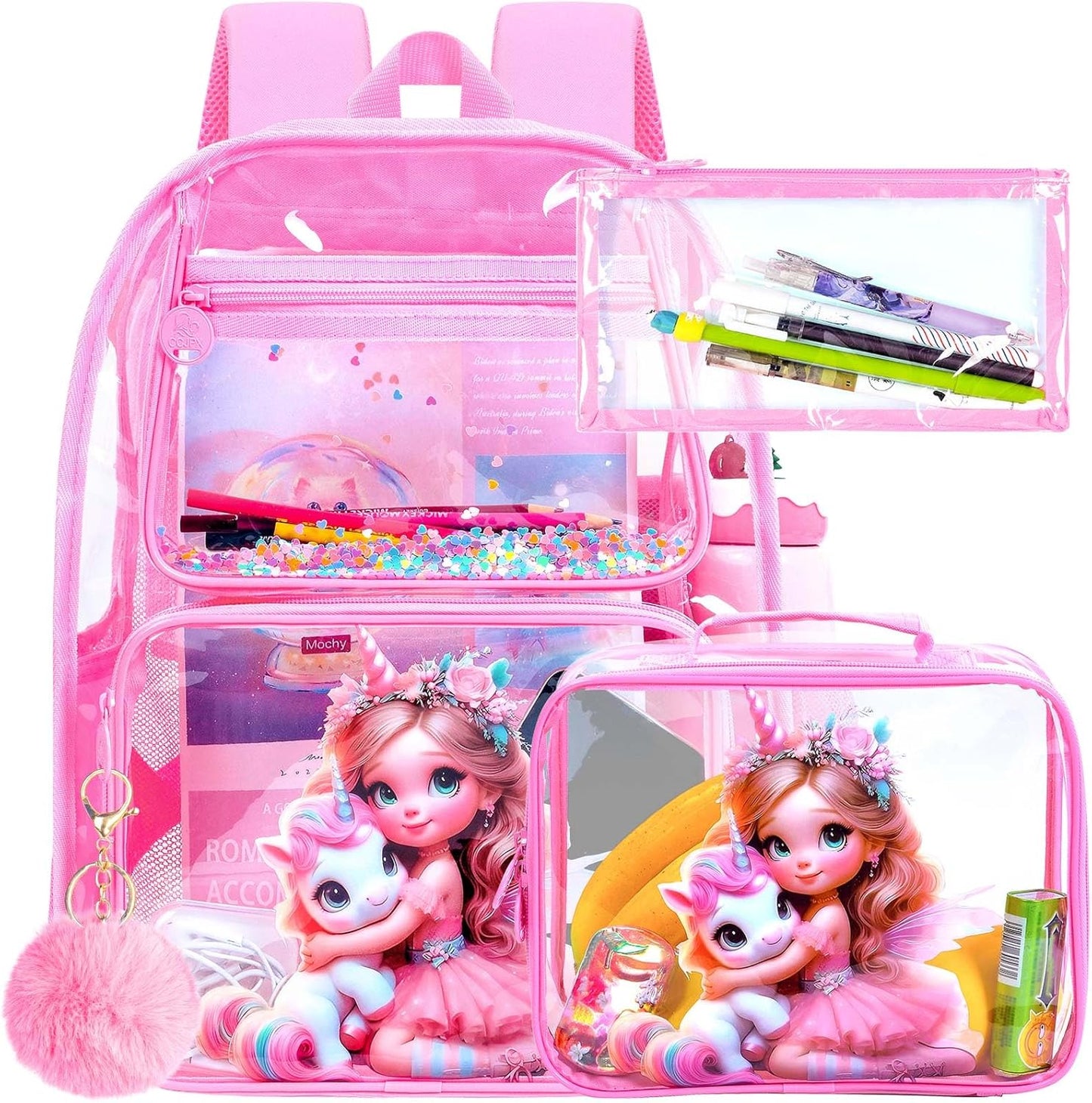 Clear Backpack for Girls and Boys, Kids Transparent Bookbag, 3PCS Cute See Through School Bag for Elementary Prechool