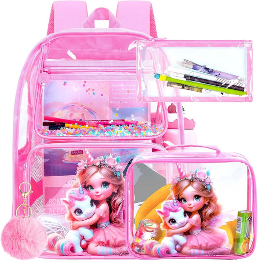 Clear Backpack for Girls and Boys, Kids Transparent Bookbag, 3PCS Cute See Through School Bag for Elementary Prechool