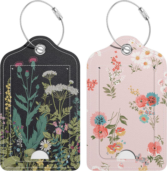 2 Pack PU Leather Luggage Tags for Suitcase, Travel Cruise Luggage Tag with Privacy Flap, Name ID Label and Metal Loop for Women Men Baggage Handbag School Bag Backpack, Daisy Flowers