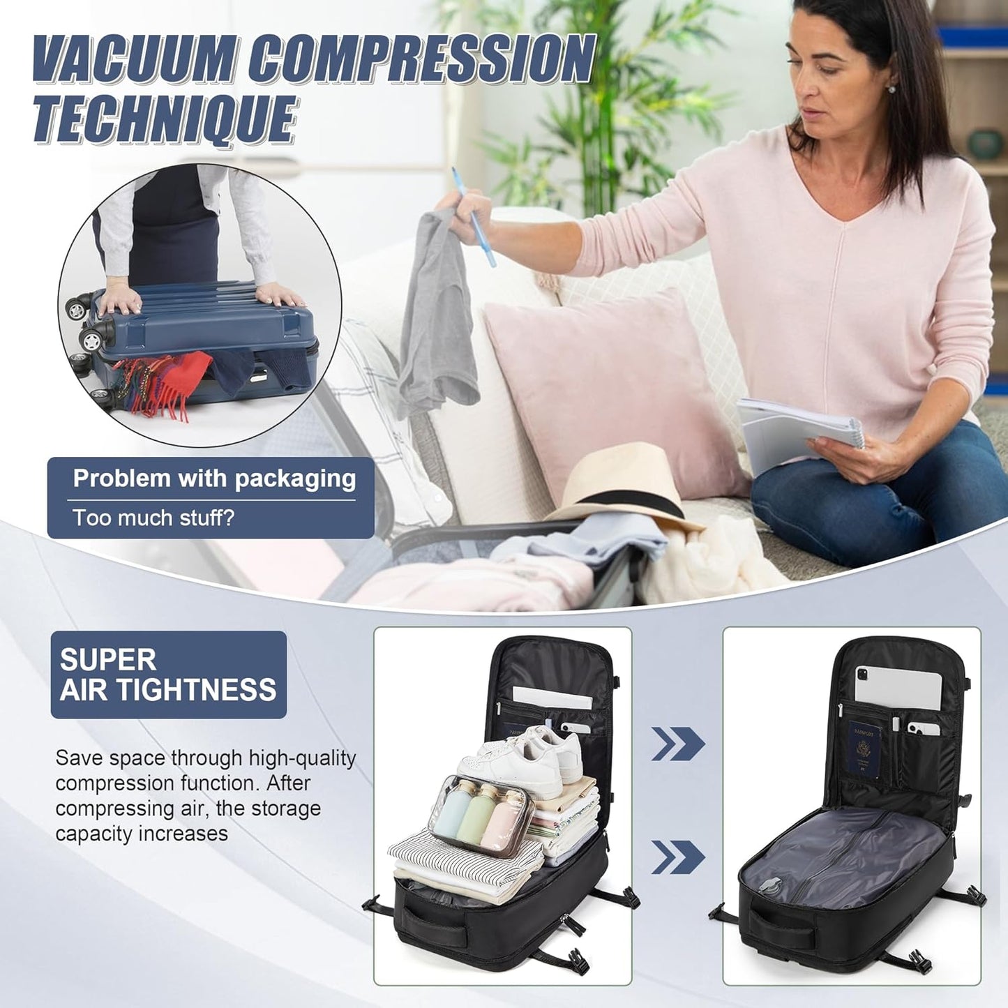 Vacuum Backpack Travel with pump,Large Travel Backpack with Vacuum Seal System,Personal Item Travel Bag Frontier Airlines Approved 18x14x8,Mochila Compresion al Vacio,Laptop Backpacks,Black